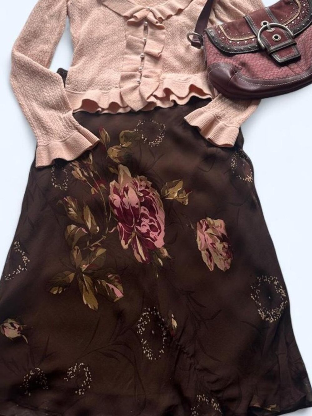 Chocolate  Floral Charter Club 100% Silk Brown Floral Midi Skirt 10P